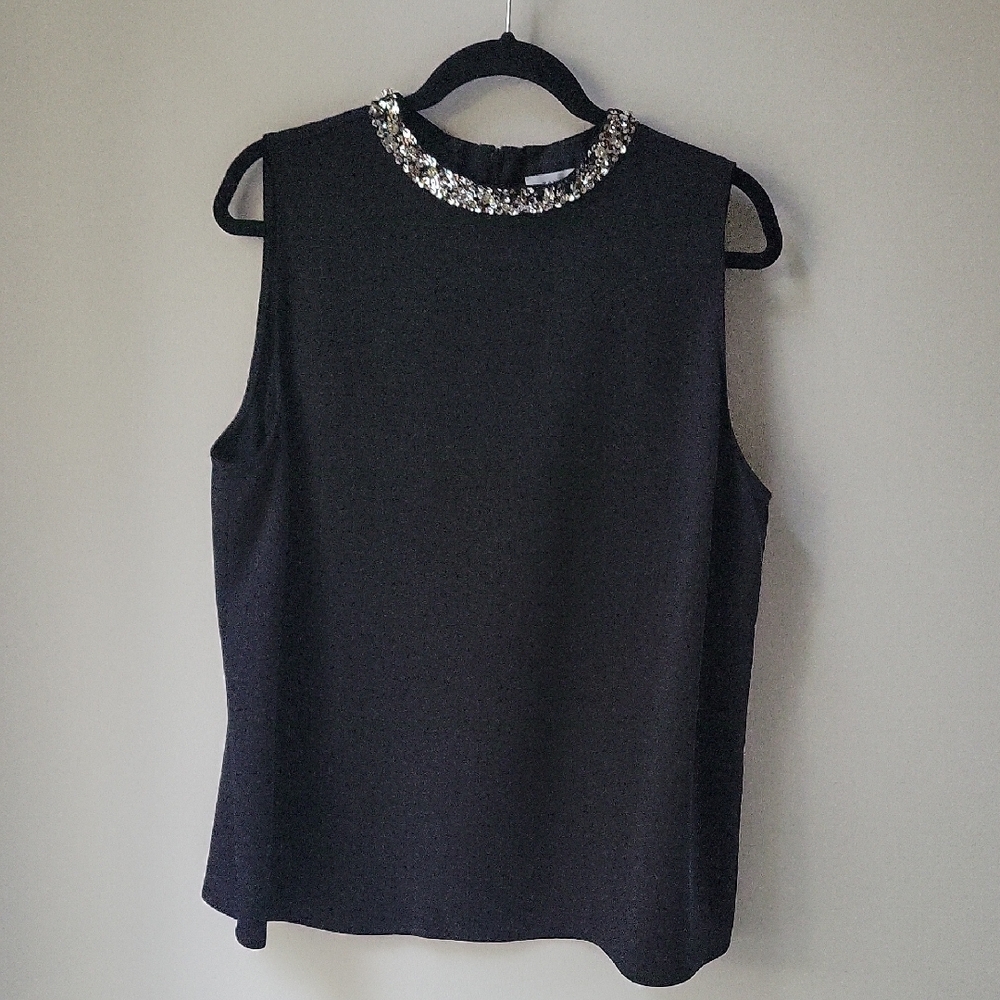Tahari Arthur S Levine Black Sleeveless‎ Top Embellished Collar Jeweled Women XL